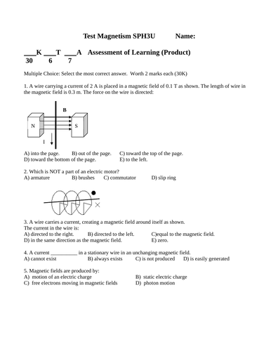 TEST MAGNETISM Test Grade 11 Physics Test Physics Magnetism Test WITH ANSWERS #8
