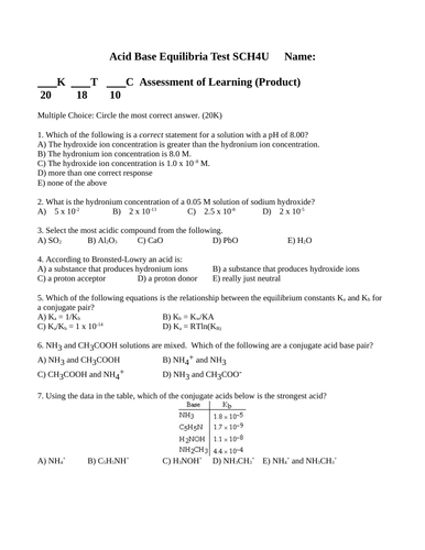 TEST ACID BASE EQUILIBRIUM Test Ka Kb Ksp Grade 12 Chemistry Test WITH ANSWER #8