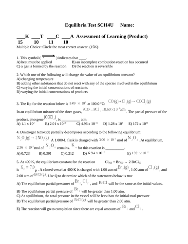Test CHEMICAL EQUILIBRIUM TEST Grade 12 Chemistry Test Equilibria WITH ANSWER #8