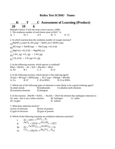 TEST REDOX Test Grade 12 Chemistry Test Oxidation Reduction Test WITH ANSWERS #8