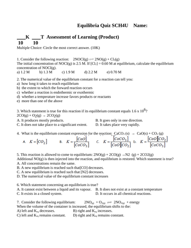 QUIZ EQUILIBRIUM Quiz Grade 12 Chemistry Equilibria Quiz WITH ANSWERS Ver. #8