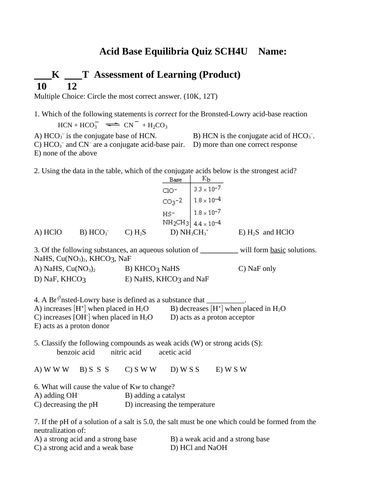 Ka and Kb QUIZ ACID BASE EQUILIBRIA QUIZ Grade 12 Chemistry Quiz WITH ANSWERS #8