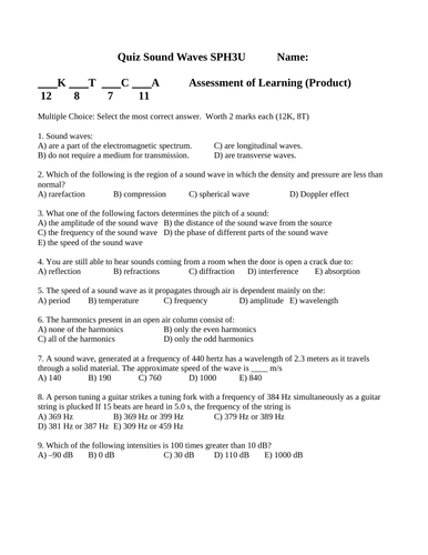 SOUND WAVES QUIZ Air Columns Quiz Grade 11 Physics Quiz WITH ANSWERS Ver. #9