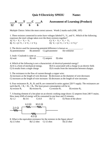 QUIZ ELECTRICITY AND CIRCUITS Quiz Grade 11 Physics Quiz WITH ANSWERS Ver. #9