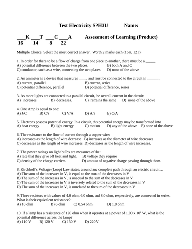 TEST ELECTRICITY Test Grade 11 Physics Test WITH ANSWERS Ver. #9