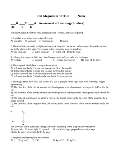 TEST MAGNETISM Test Grade 11 Physics Test Physics Magnetism Test WITH ANSWERS #9