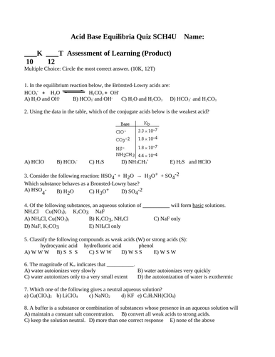 Kb and Ka QUIZ ACID BASE EQUILIBRIUM QUIZ Grade 12 Chemistry Quiz WITH ANSWERS #7