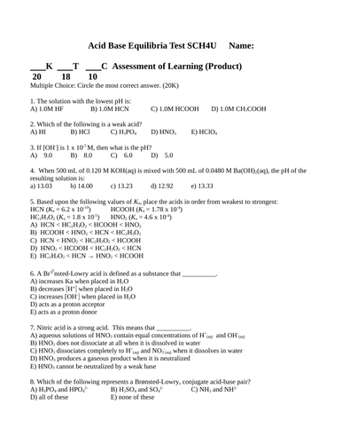 TEST ACID BASE EQUILIBRIA Test Ka Kb and Ksp Grade 12 Chemistry Test WITH ANSWERS #7