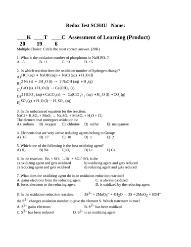 TEST REDOX REACTIONS Test Grade 12 Chemistry Redox Test WITH ANSWERS #7