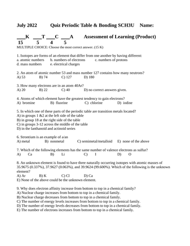 QUIZ Bonding Quiz Periodic Table Quiz Grade 11 Chemistry Quiz WITH ANSWERS #10