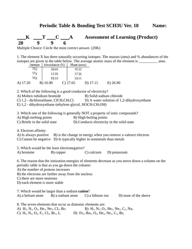 TEST BONDING Test Periodic Table Test Grade 11 Chemistry Test WITH ANSWERS #10