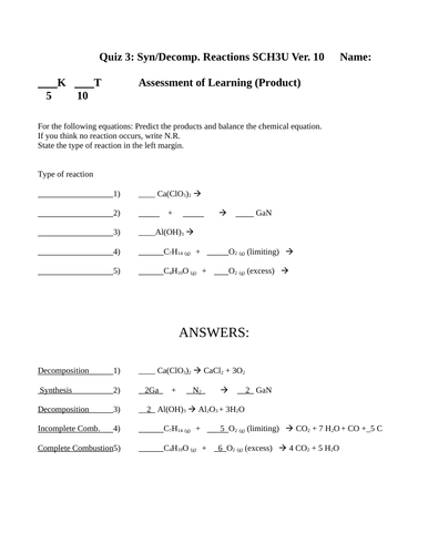 QUIZ REACTION Quiz Grade 11 Chemistry Quiz Synthesis Quiz Decomposition Quiz #10