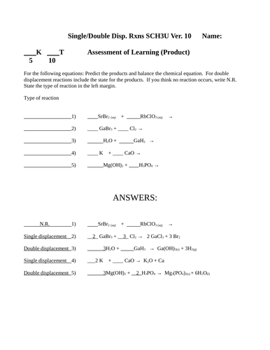 REACTION QUIZ Grade 11 Chemistry Quiz Single and Double Displacement Quiz #10