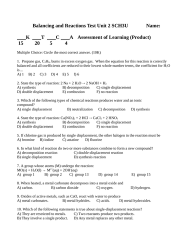 TEST CHEMICAL REACTIONS Test WITH ANSWERS Balancing Chemical Equations Test #10