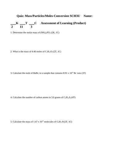 MOLES QUIZ Mole Mass Molecules Quiz Grade 11 Chemistry Quiz WITH ANSWERS #10