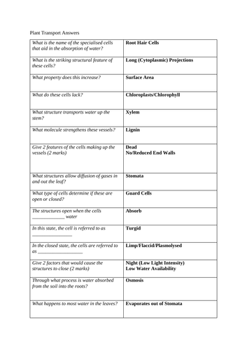 GCSE Biology Test - Plant Transport