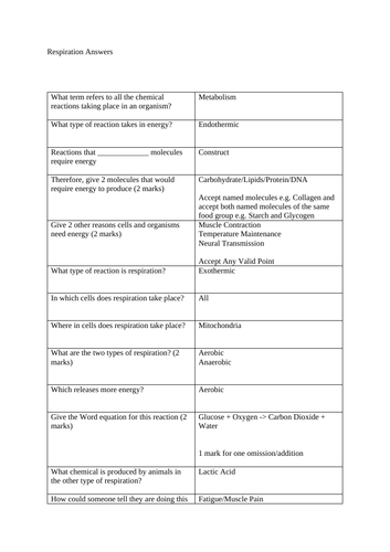 GCSE Biology Test - Respiration