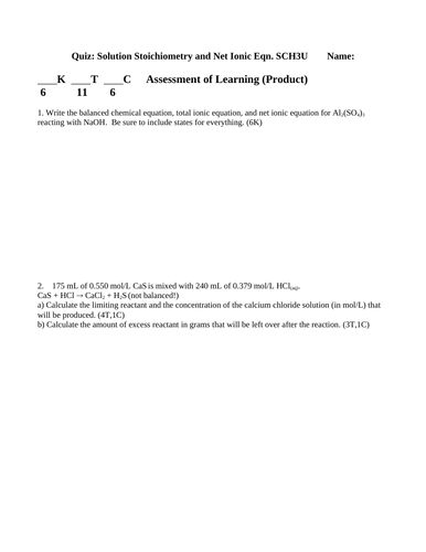 SOLUTION STOICHIOMETRY QUIZ Grade 11 Chemistry Solutions Quiz WITH ANSWERS #10