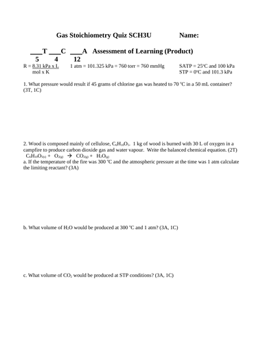 Quiz Ideal Gas Law GAS STOICHIOMETRY QUIZ Grade 11 Chemistry WITH ANSWERS #10