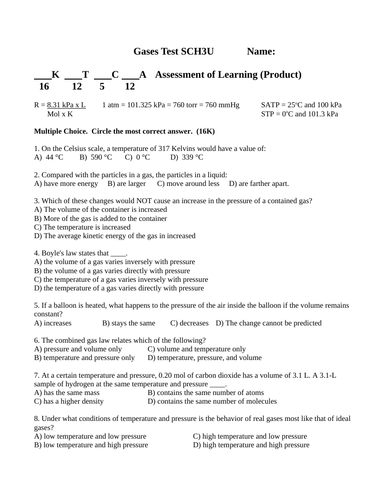 TEST GAS LAWS AND GAS STOICHIOMETRY Test Grade 11 Chemistry Test WITH ANSWER #10