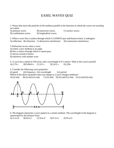 PHYSICS WAVE UNIT QUIZ Waves Physics Quiz Wave Unit Quiz Waves Quiz WITH ANSWERS 15 M.C.