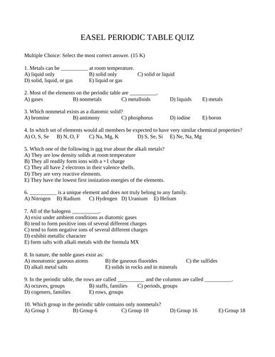 PERIODIC TABLE QUIZ Periodic Table Multiple Choice Chemistry Quiz WITH ANSWERS 15 M.C.
