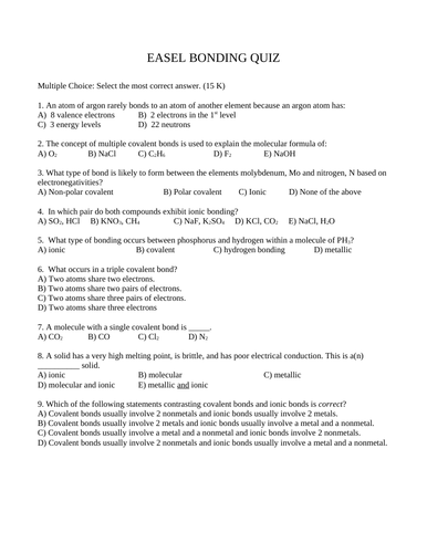 BONDING UNIT QUIZ Bonding Quiz Chemical Bonding Chemistry Quiz WITH ANSWERS 15 M.C.