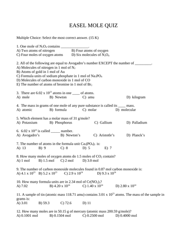 QUIZ MOLES Quiz Mole Chemistry Quiz Mole Conversions Quiz Mole Quiz WITH ANSWERS 15 M.C.