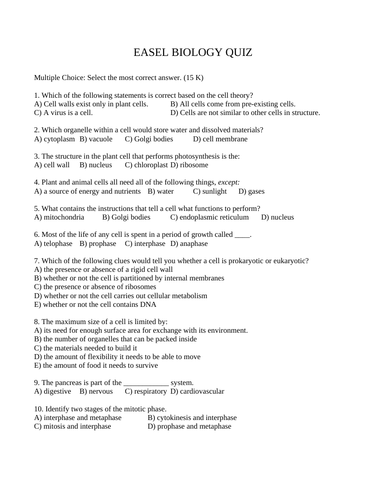 QUIZ BIOLOGY UNIT Biology Unit Quiz Multiple Choice Biology Quiz WITH ANSWERS 15 M.C.