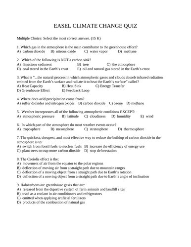 QUIZ CLIMATE CHANGE Quiz WITH ANSWERS Grade 10 Science Quiz Global Warming Quiz 15 M.C. #1