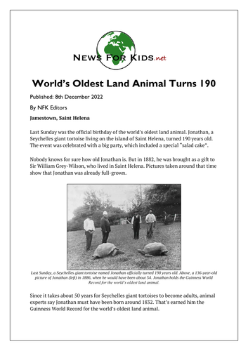 The World's Oldest Land Animal Turns 190 - Reading Comprehension Lesson ...