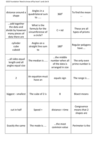 GCSE Maths Foundation 'Need to Know' 3 sets of Loop cards | Teaching ...