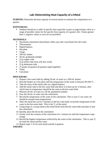 DETERMINING SPECIFIC HEAT CAPACITY LAB Physics Lab or Chemistry Lab WITH RUBRIC