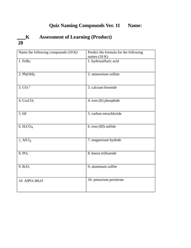 Quiz CHEMISTRY NAMING QUIZ Grade 11 Chemistry Quiz WITH ANSWERS Ver. #11