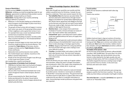 World War I KS3 history knowledge organiser | Teaching Resources
