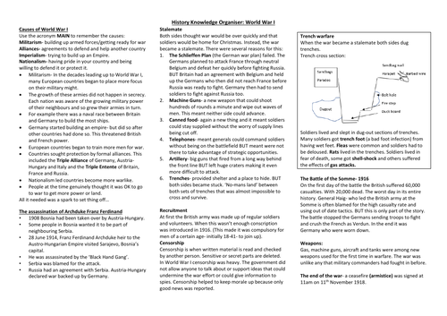 World War I KS3 history knowledge organiser