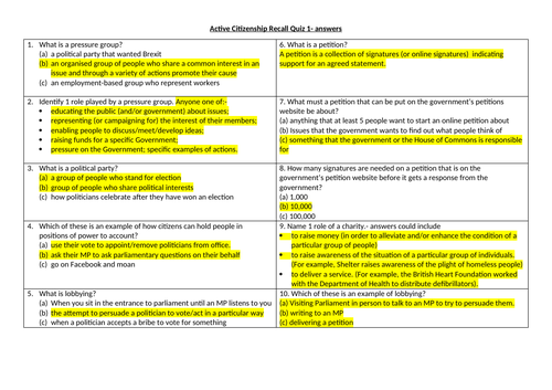 GCSE Citizenship recall Quizzes- Active Citizenship