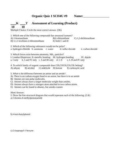 QUIZ NAMING ORGANIC COMPOUNDS Quiz Organic Chemistry Naming Quiz WITH ANSWERS #9