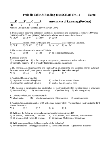 TEST BONDING AND PERIODIC TABLE UNIT TEST Grade 11 Chemistry WITH ANSWERS #12