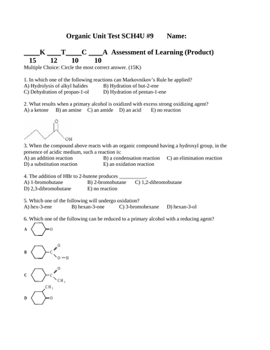 ORGANIC CHEMISTRY UNIT TEST Organic Compounds Grade 12 Chemistry WITH ANSWERS #9