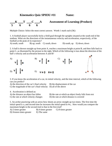 ACCELERATION QUIZ PROJECTILE MOTION QUIZ Grade 11 Physics Quiz WITH ANSWERS #11