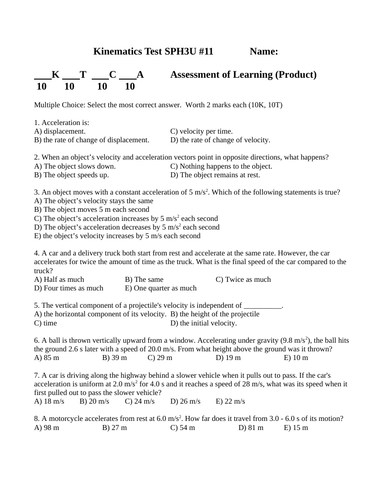 KINEMATICS TEST Motion Acceleration Test Grade 11 Physics Test WITH ANSWERS #11