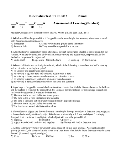 KINEMATICS UNIT TEST Accelerated Motion Test Grade 11 Physics WITH ANSWERS #12