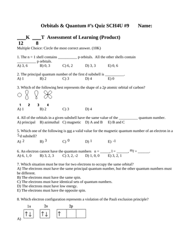 QUIZ QUANTUM NUMBERS AND ORBITALS Quiz Grade 12 Chemistry Quiz WITH ANSWERS #9