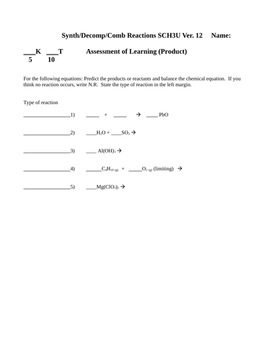 COMBUSTION, SYNTHESIS and DECOMPOSITION QUIZ Grade 11 Chemistry WITH ANSWERS #12