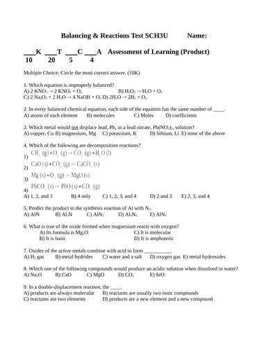 BALANCING AND CHEMICAL REACTIONS TEST Grade 11 Chemistry Test WITH ...