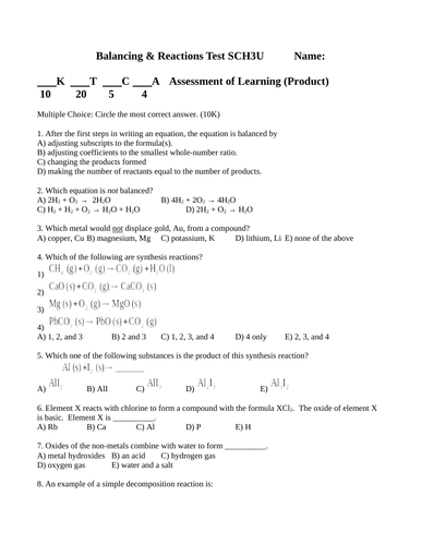 BALANCING CHEMICAL EQUATIONS & REACTIONS TEST Grade 11 Chemistry WITH ANSWER #12