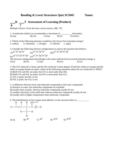 CHEMISTRY BONDING QUIZ Lewis Structures Resonance Hybridization WITH ANSWERS #9