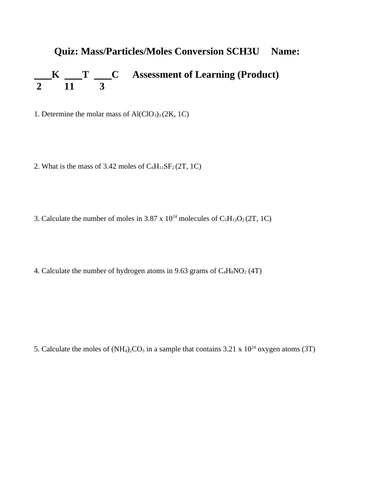 MOLES QUIZ mols, grams, molecules Grade 11 Chemistry Quiz WITH ANSWERS #12