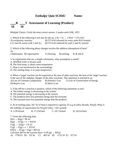 QUIZ ENTHALPY CHEMISTRY Quiz Grade 12 Chemistry Quiz WITH ANSWERS #9